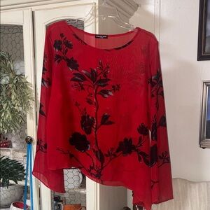 Red Floral Sheer Blouse with Black Print